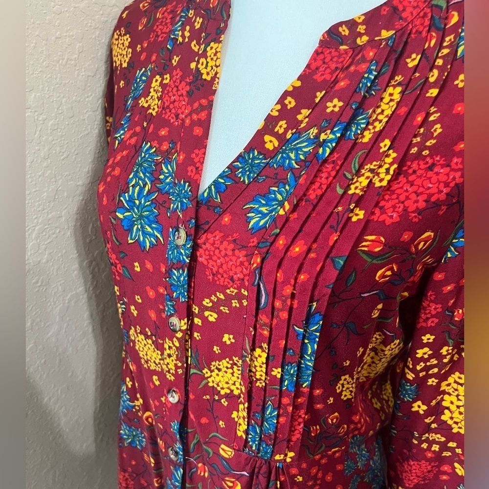 Anthropologie Maeve Red Floral Viscose Button Printed Pintucked Blouse Sz S - Picture 6 of 8